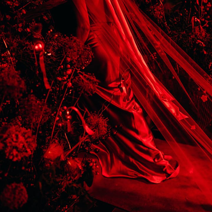 Satin red wedding dress with cape, 3d appliqué roses on the cape and large red bow on the back of the neckline