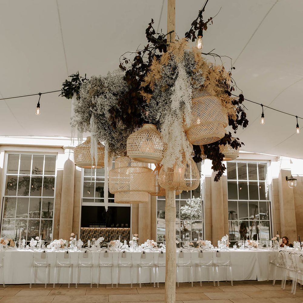 Large neutral dried flower display in the marquee at the Wilderness Reserve 