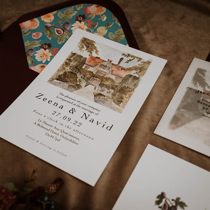 Minimalistic, botanical wedding invitation with watercolour painting of La Manoir Aux Quat Saisons 