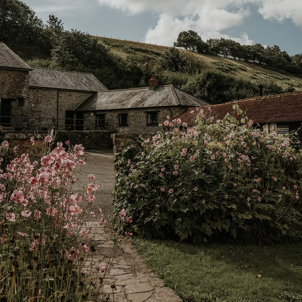 exterior of Westcott Barton wedding venue in Devon - British countryside with rolling hills and pink flowers 
