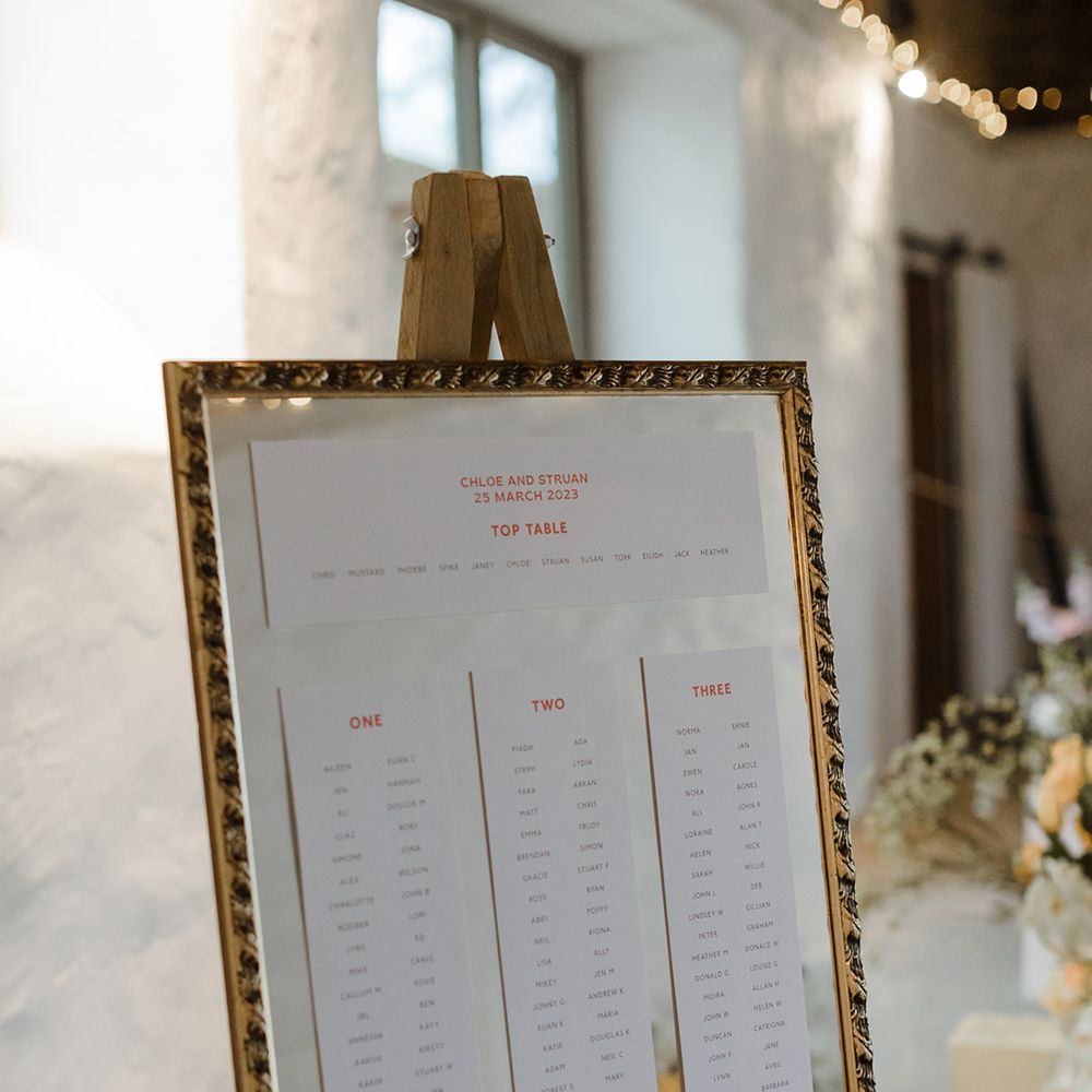 Simple wedding seating chart for The Cowshed Crail wedding 