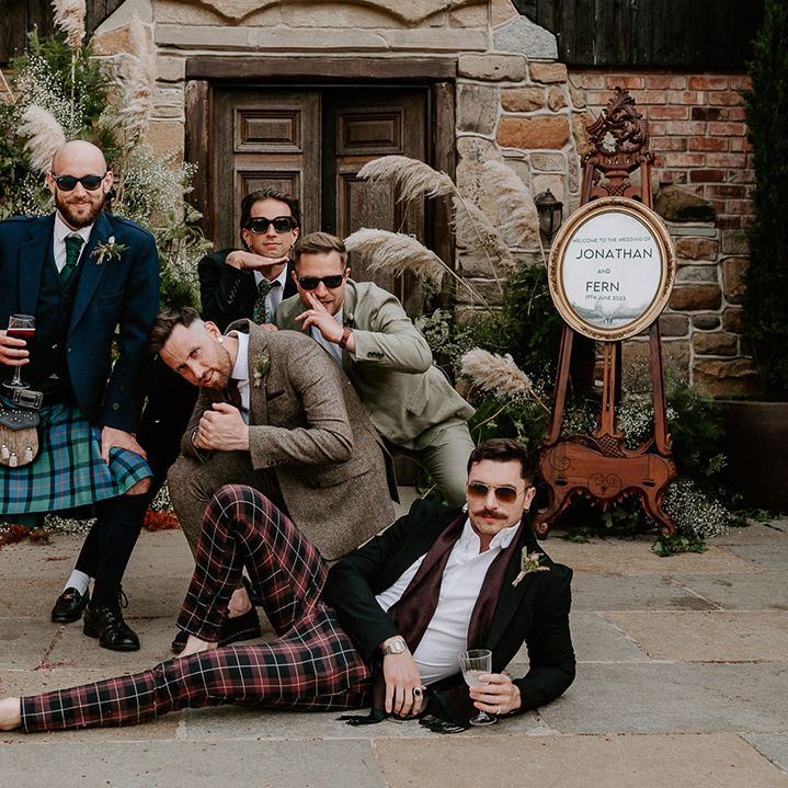 Groomsmen in mismatched suits for the festival style East Midlands wedding 