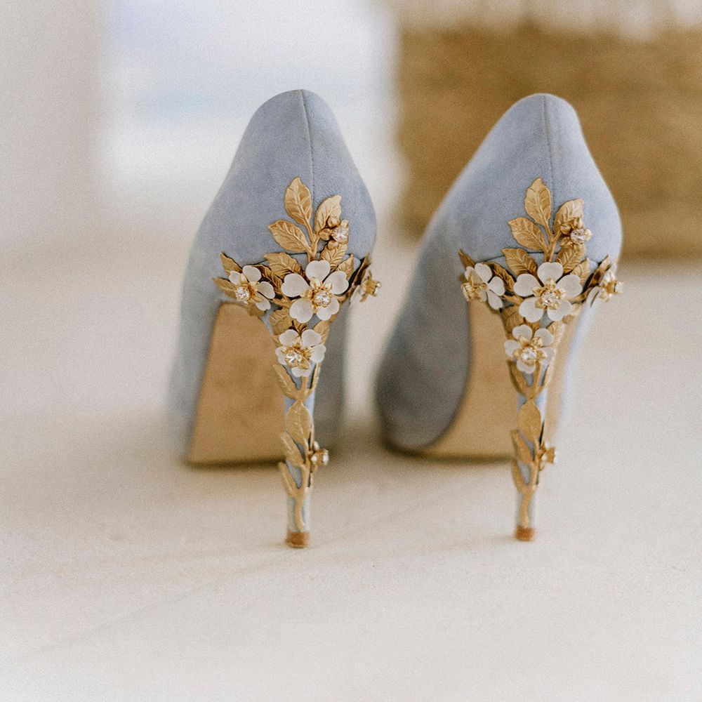 Suede blue wedding shoes with gold floral detailing 