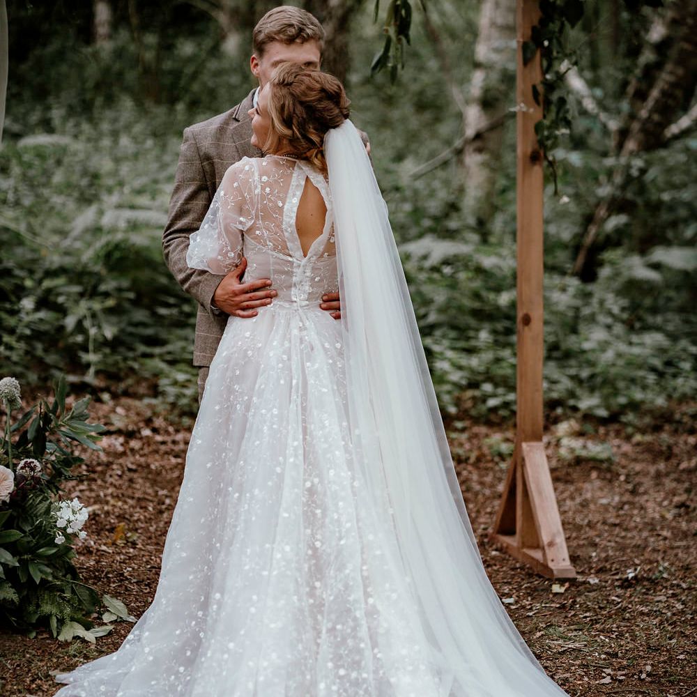 Wedding dress designed with remnants of fabric