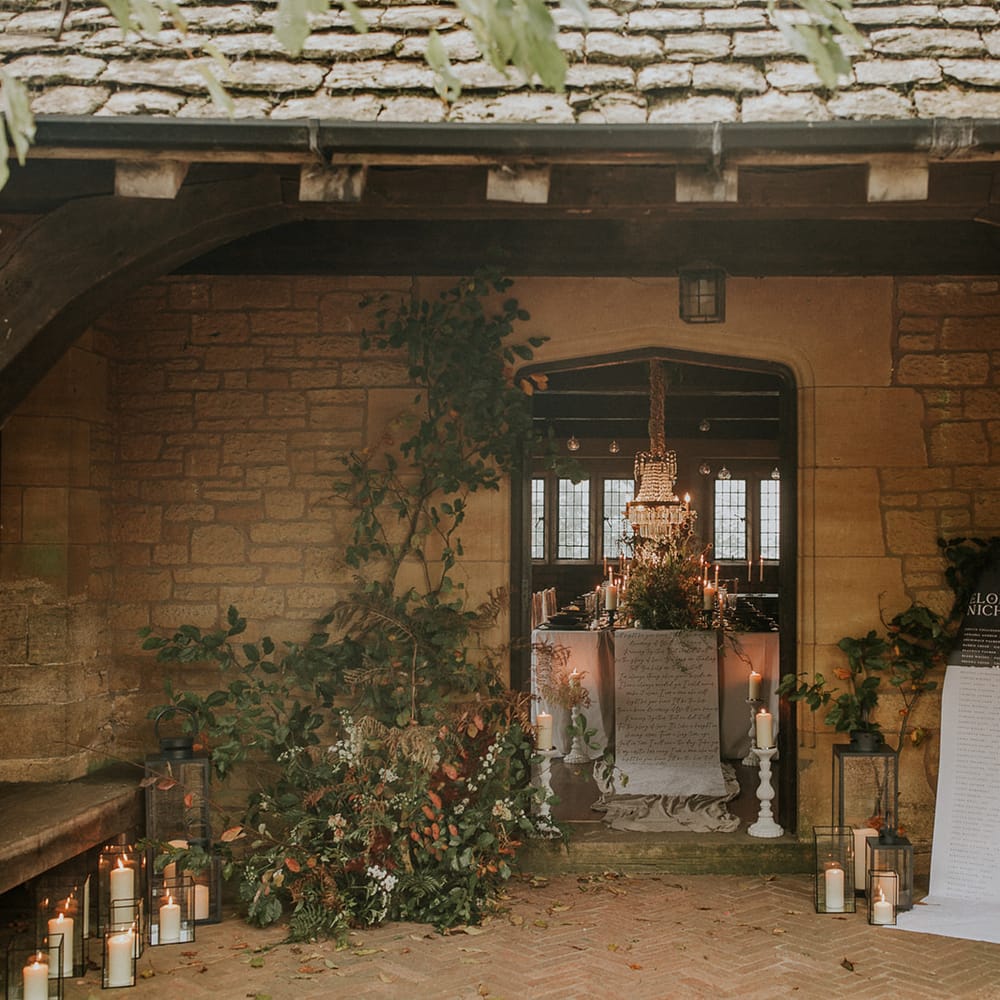 Intimate wedding reception at Hooton Pagnell Hall with autumn wedding decor and fruits from their orchard 