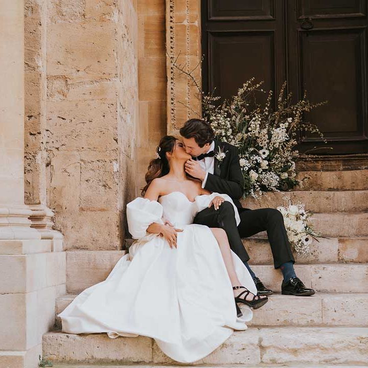 Monochome wedding inspiration at Bodleian Library with bride in a Nortier Shallow wedding dress and black platform shoes 