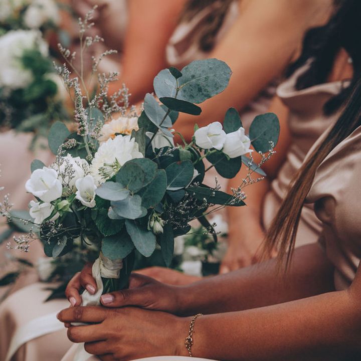 Bridesmaid bouquet with white and blush flowers and eucalyptus stems