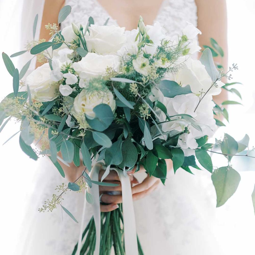 White rose and eucalyptus wedding bouquet 