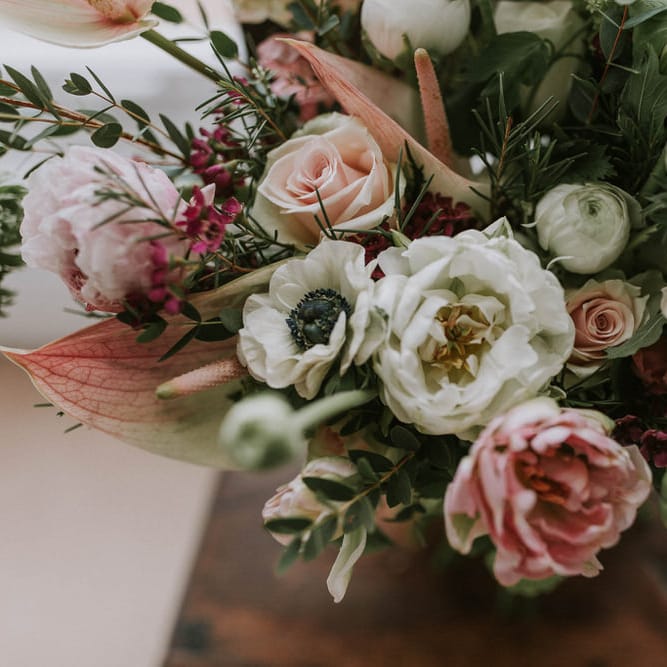 anemones, peony tulips, roses and anthurium wedding flowers 