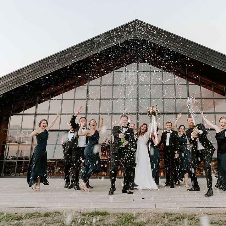 Bride & groom stand with wedding party outdoors during champagne spray picture