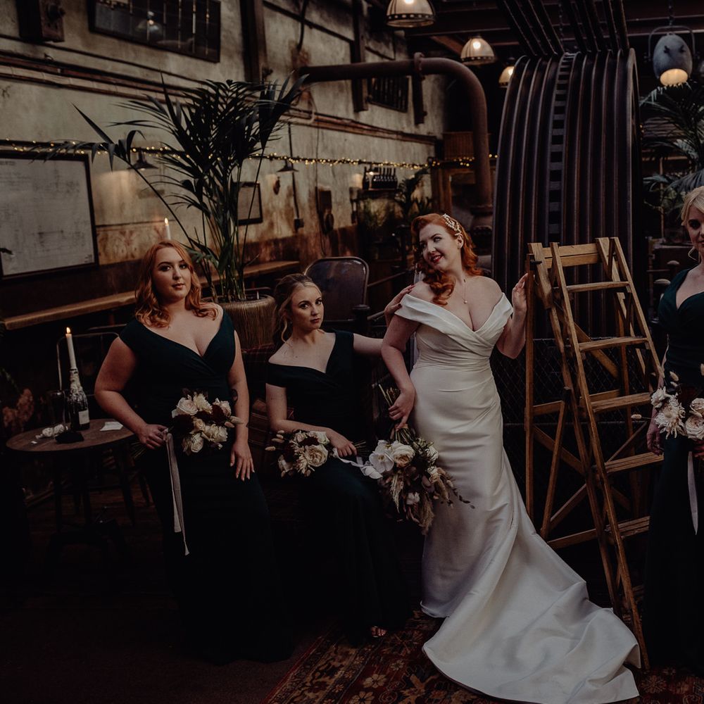 Bride and bridesmaids in off the shoulder dresses 