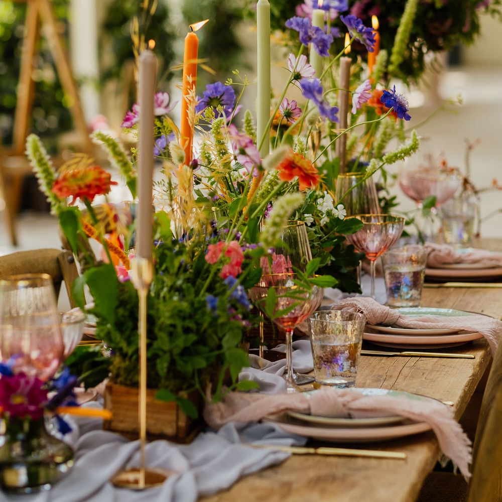 Wooden plant box table centrepiece flowers
