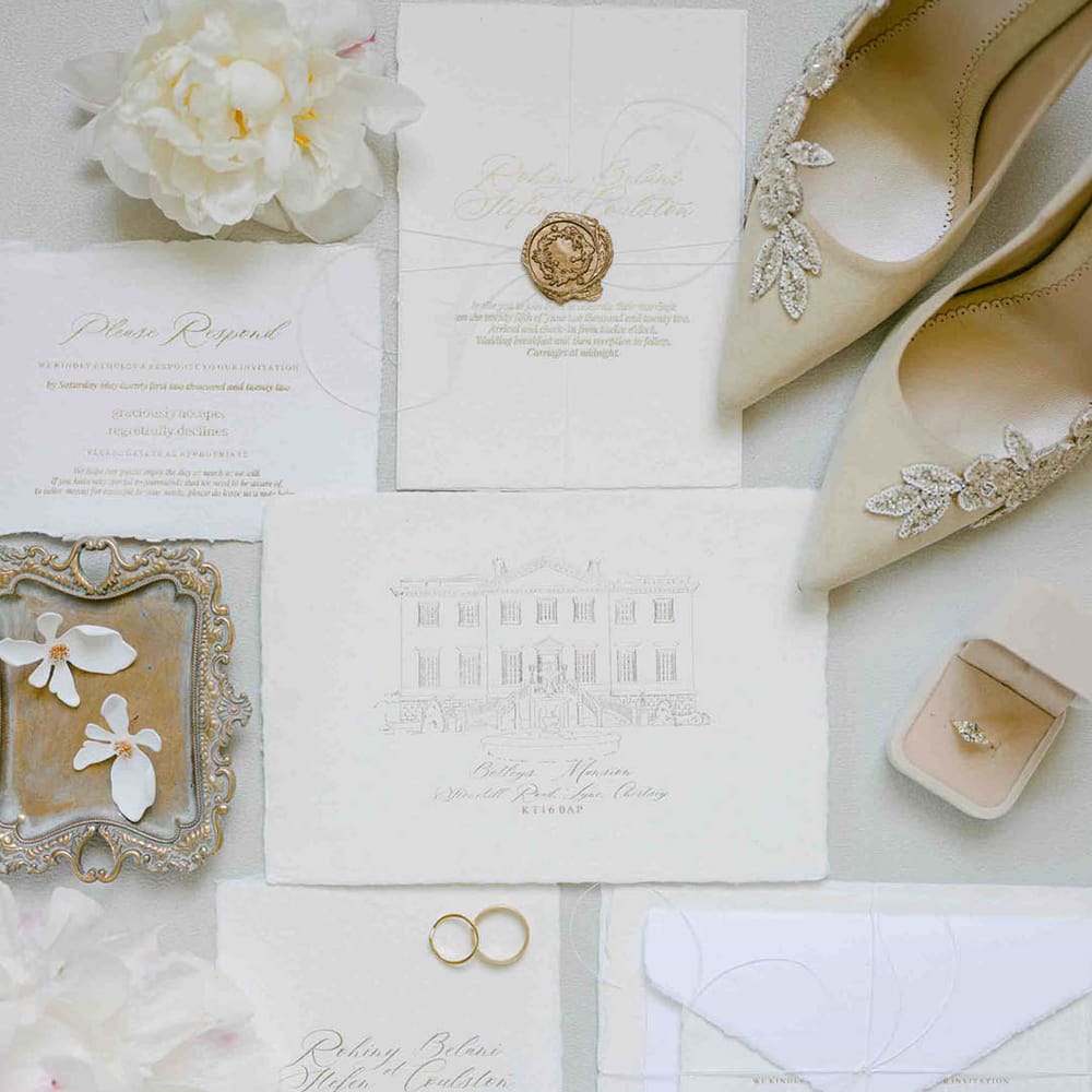 Traditional wedding stationery suite with gold wax seal and beige shoes 