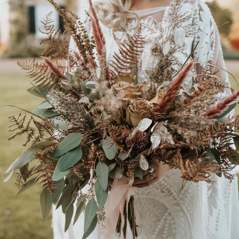 Pampas grass bouquet with dried flowers and eucalyptus leaf details