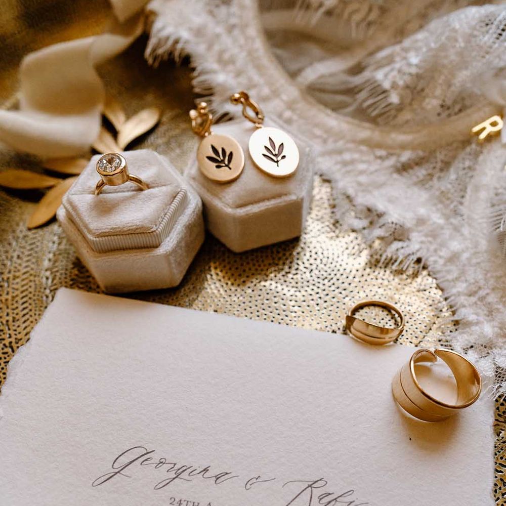 Custom made wedding ring and earrings made from recycled gold