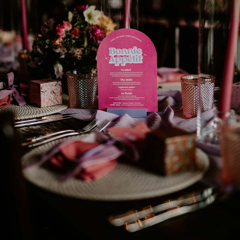 Hot pink retro wedding sign on rustic luxe wedding tablescape at Willow Marsh Farm Loughborough 