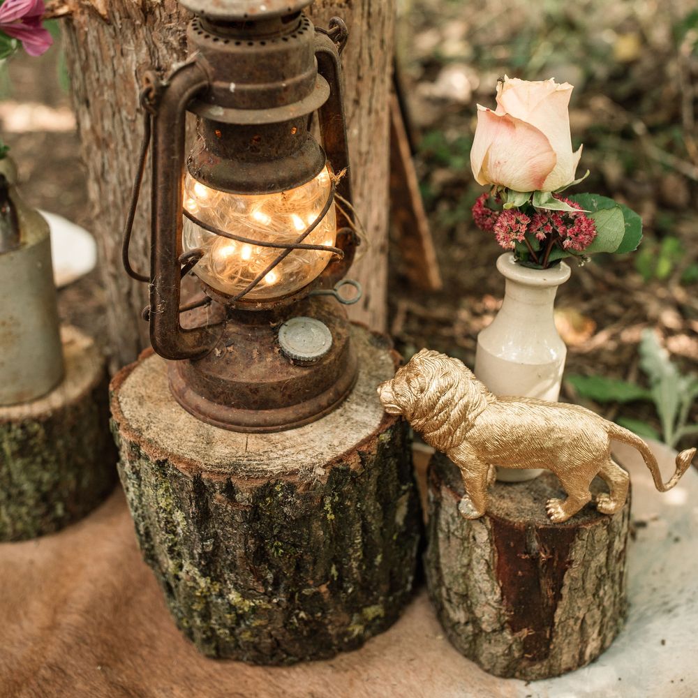 Wilderness inspired wedding decor with lamps filled with fairy lights