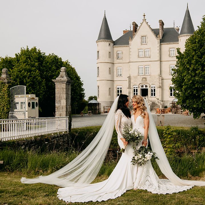 Brides look stunning in lace wedding dresses with trains and long veils 