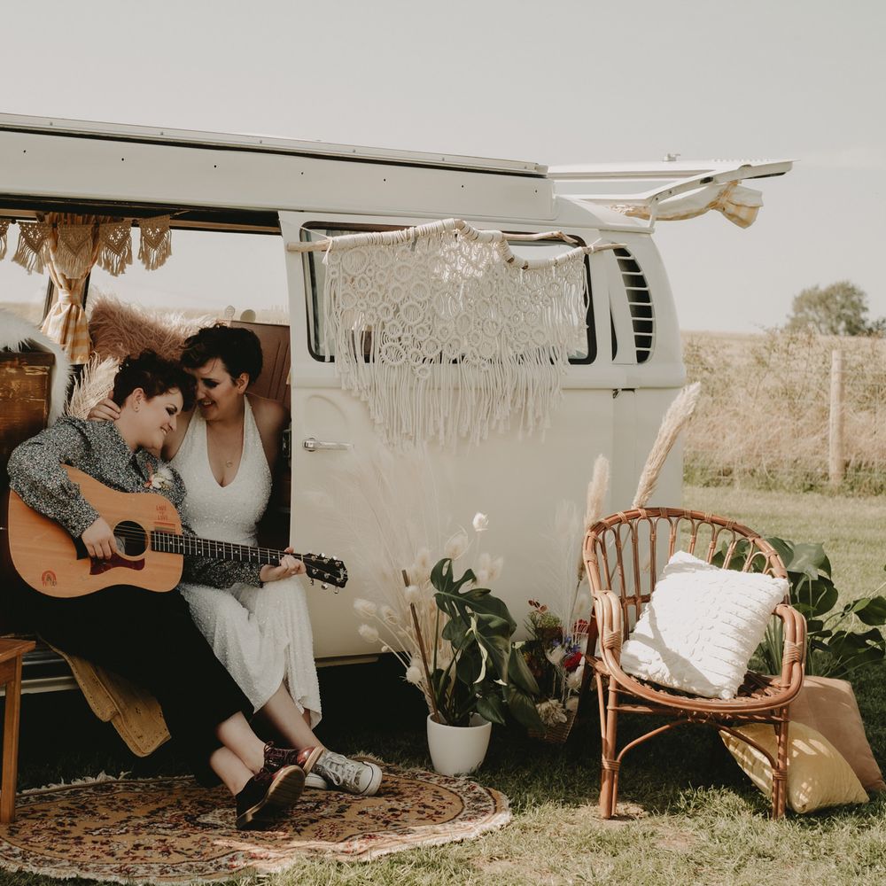 70s wedding inspiration with LGBT couple in a camper van 