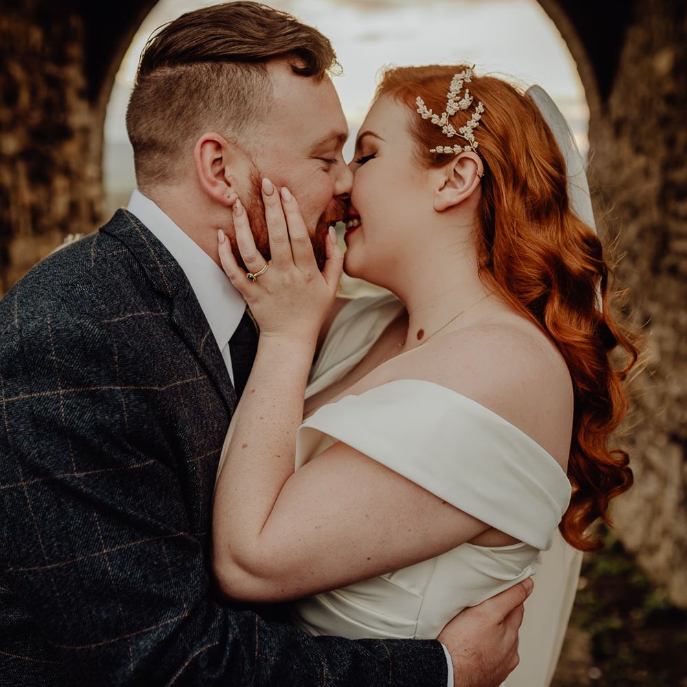 Hair vine and vintage wedding hair for bride in off the shoulder wedding dress