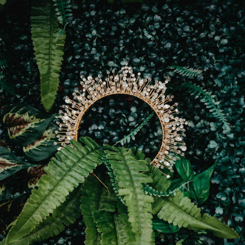 Bejewelled gold wedding headband in fern leaves for The Wellbeing Farm wedding in Lancashire