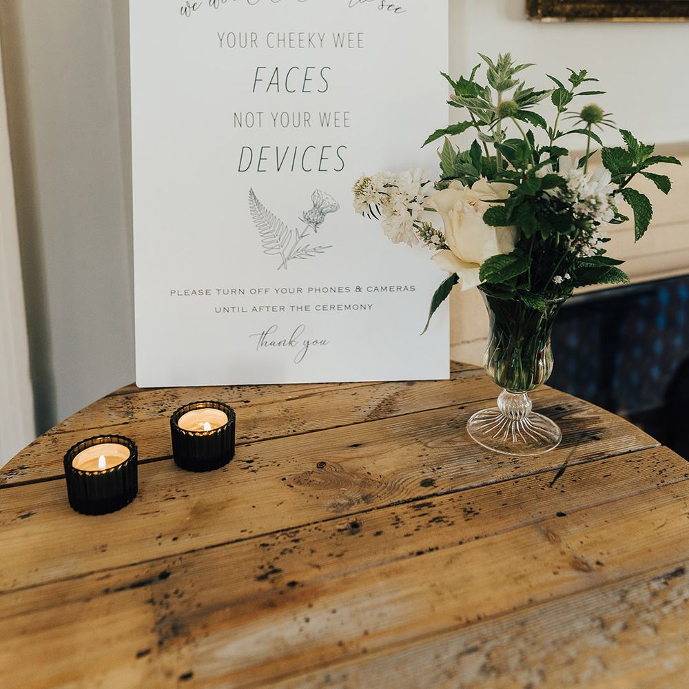 Unplugged wedding ceremony sign with thistle design 