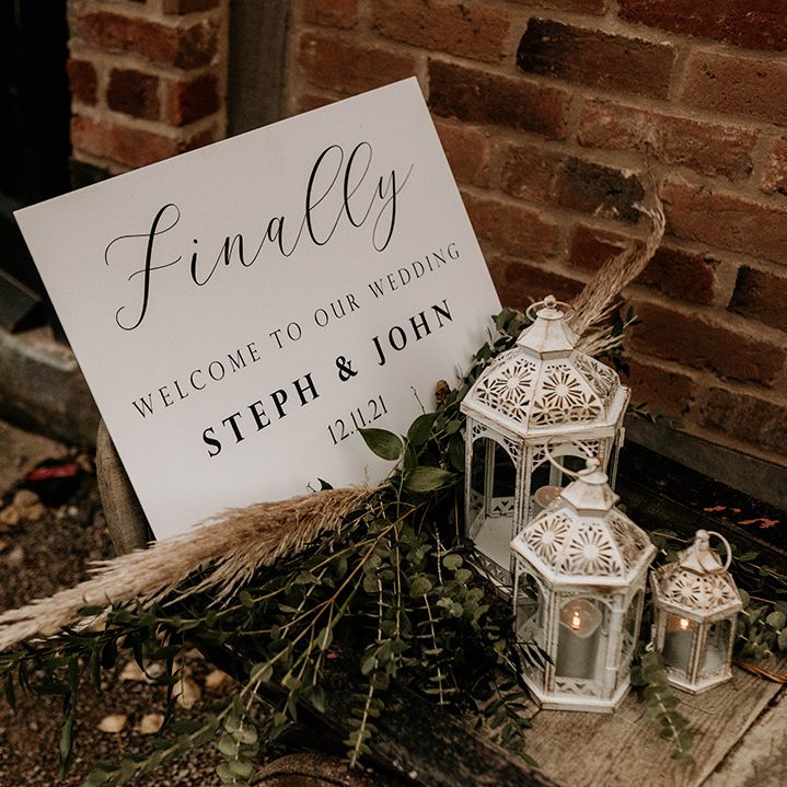 Wedding sign, lanterns and pampas grass wedding decor 