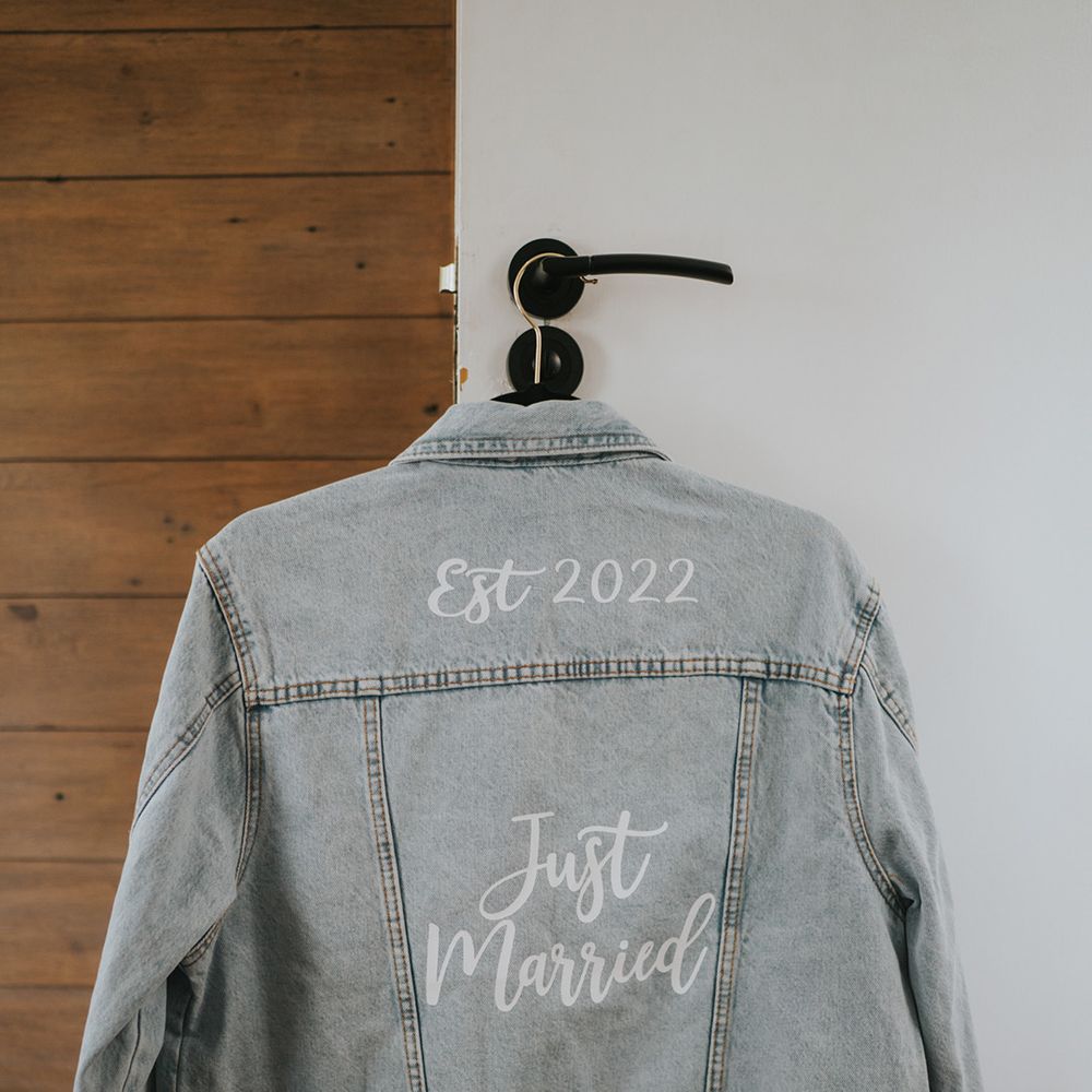 Personalised denim jacket with white writing 