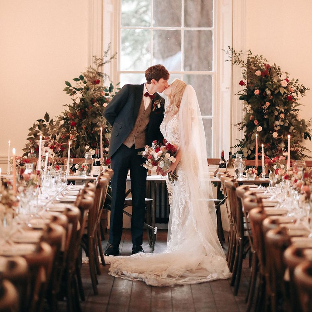 Christmas winter wedding at Aswarby Rectory with festive seasonal wedding flowers 