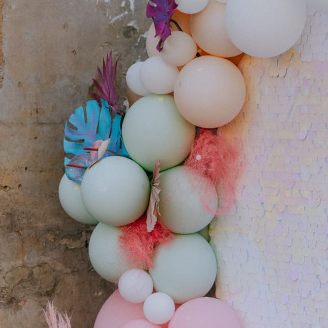 pastel coloured balloon installation