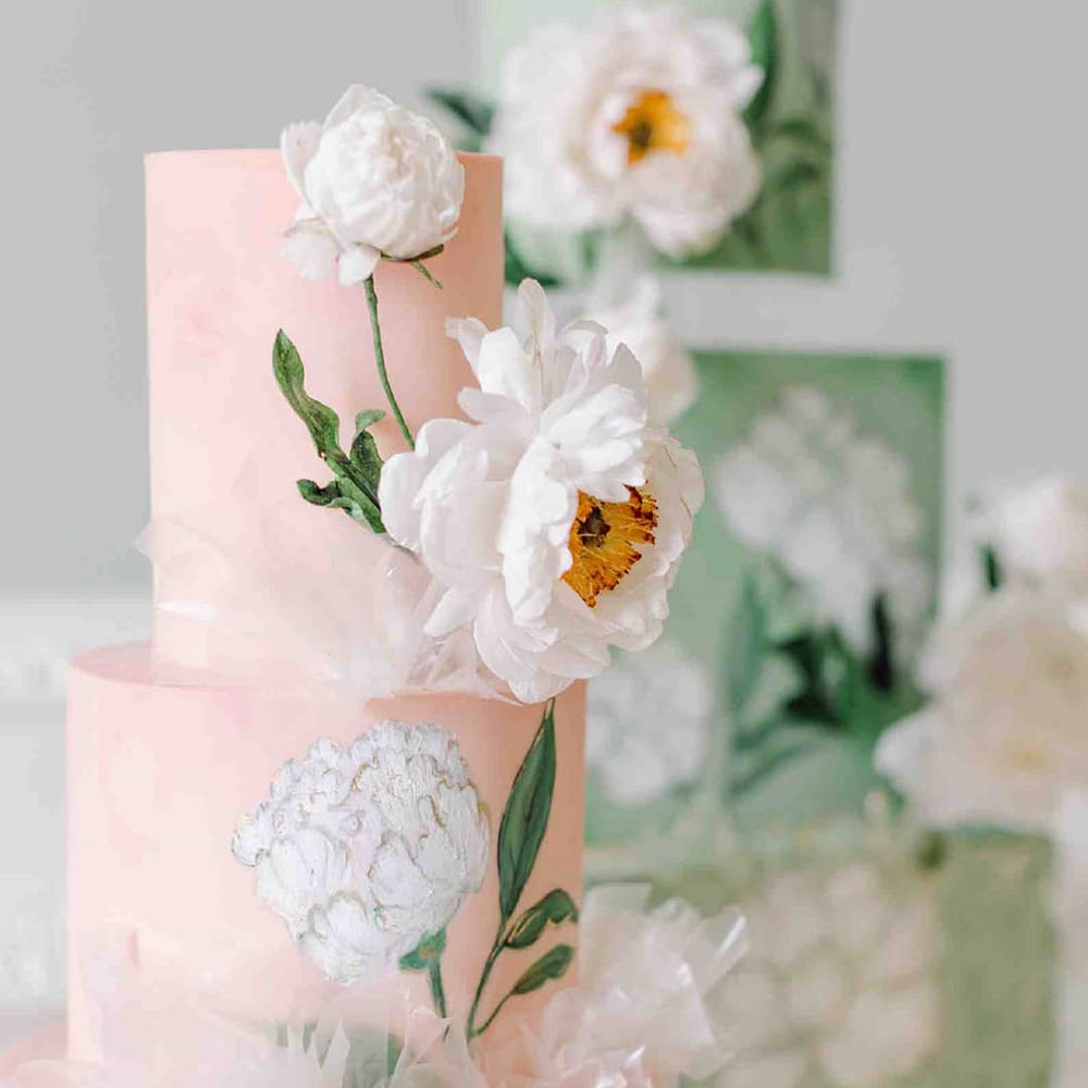 pale pink wedding cake with white peony flower illustration. 