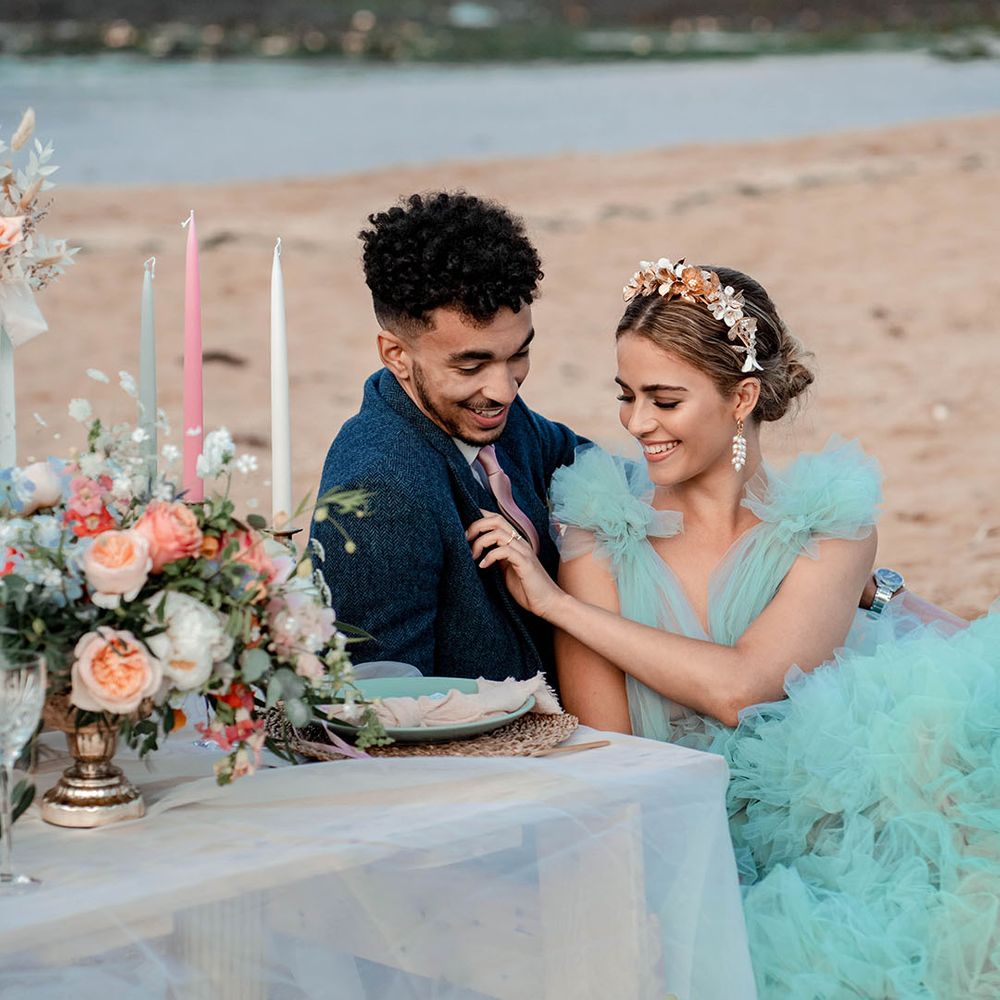 costal wedding inspiration at Botany Bay, Kent with bride in a mint green layered tulle wedding dress