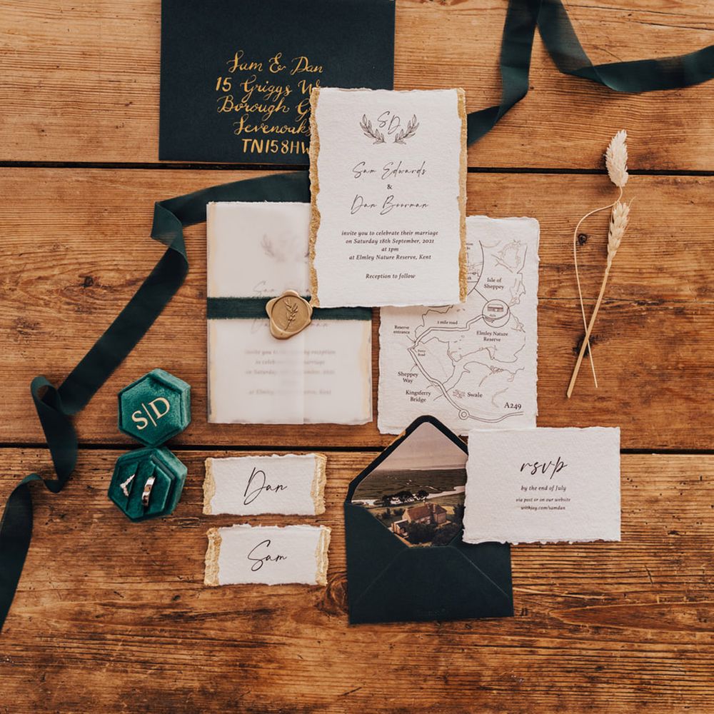 Handmade quirky wedding invitations in dark forest green