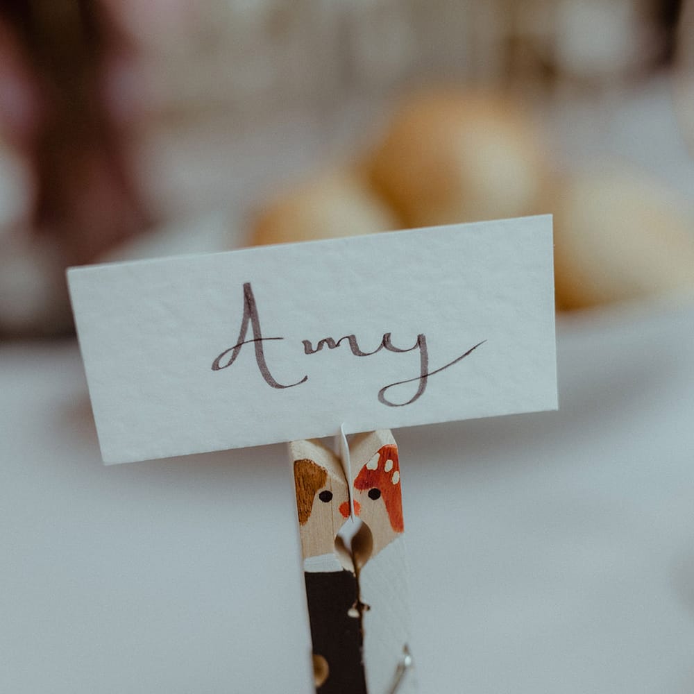 Handpainted peg with personalised picture of the bride and groom holding up place name cards 