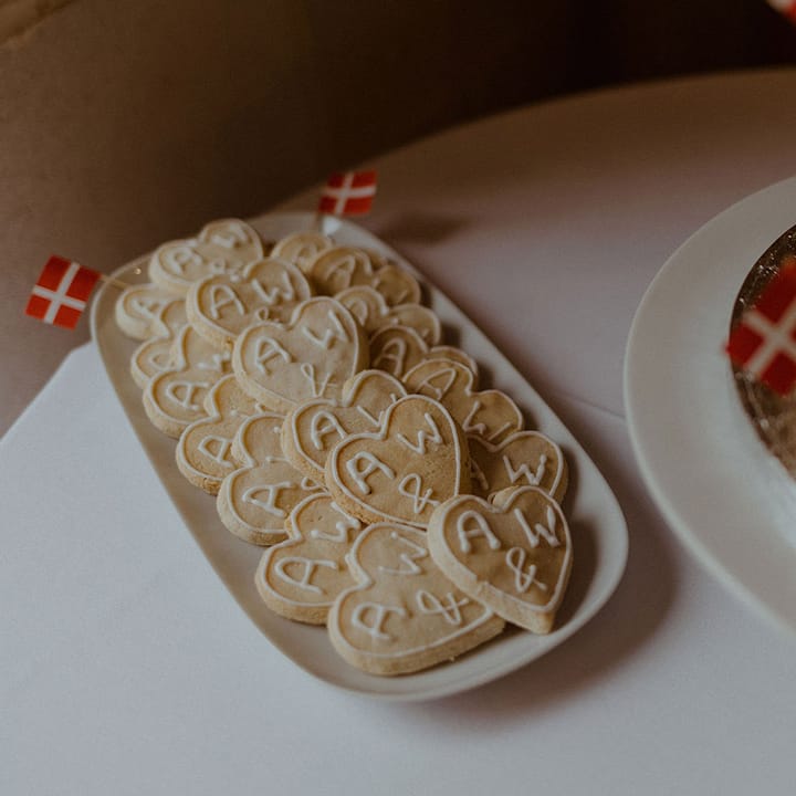 Personalised heart shaped cookies with icing with mini flags of Denmark 