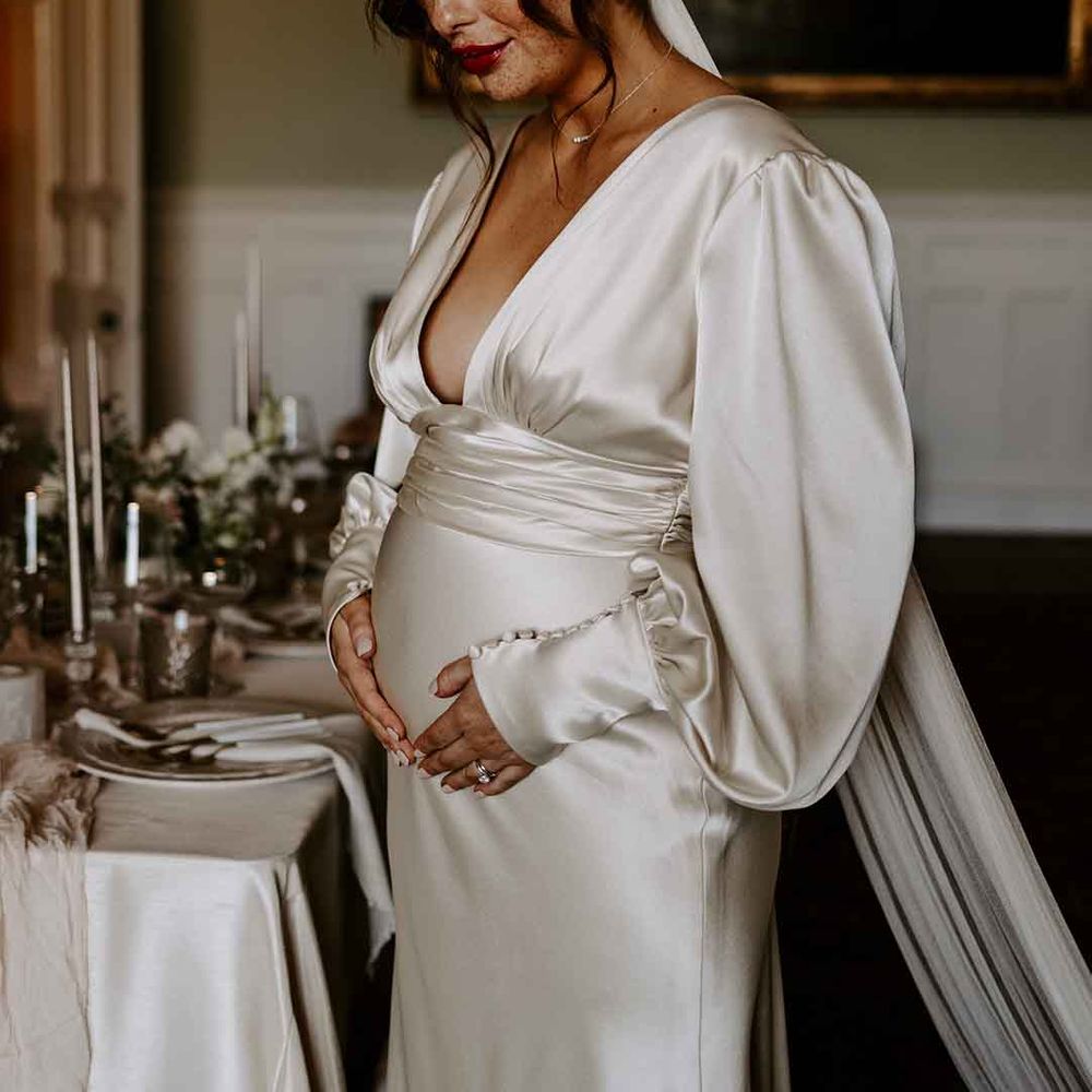 satin maternity wedding dress for pregnant bride 