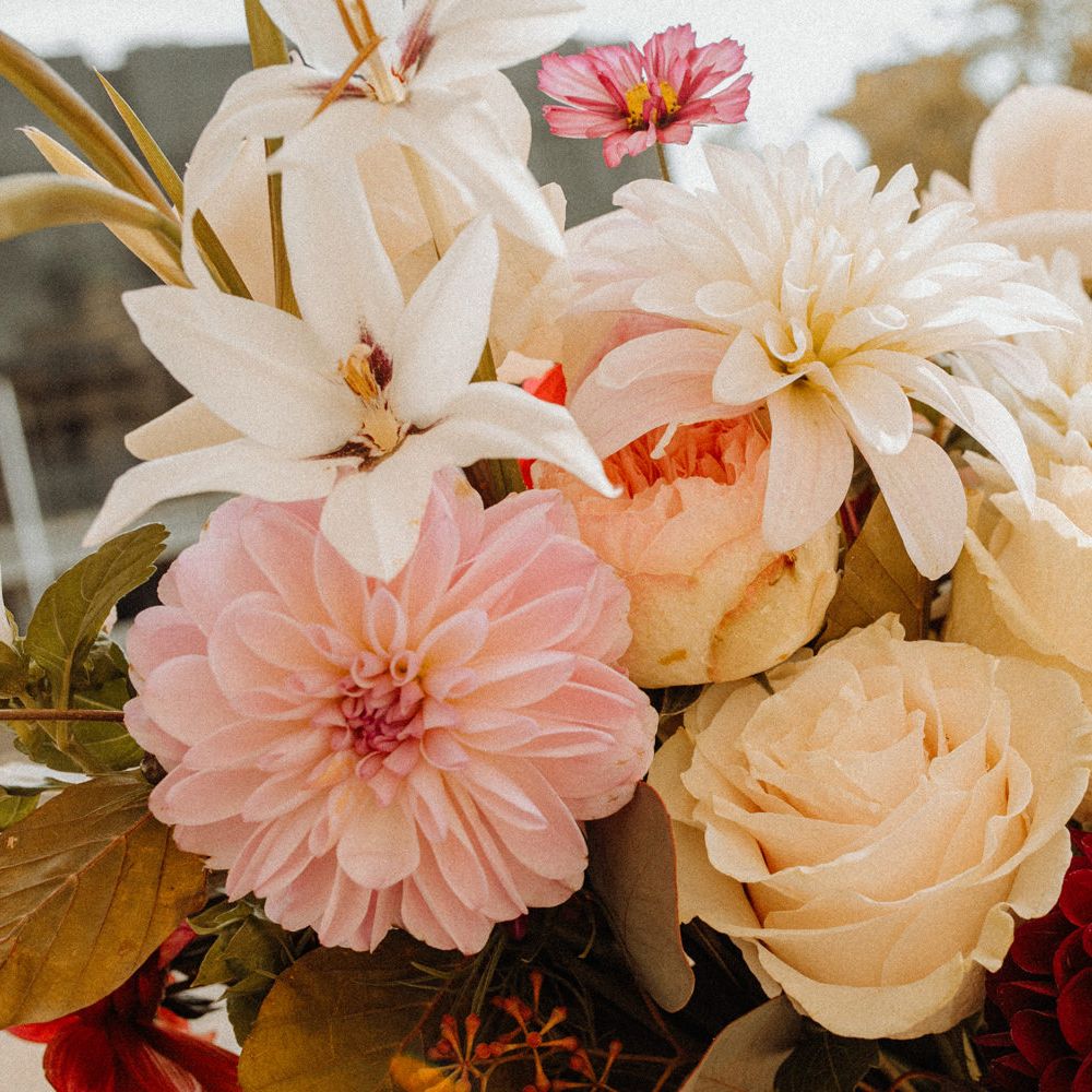 Ivory and pink dahlia and rose wedding bouquet