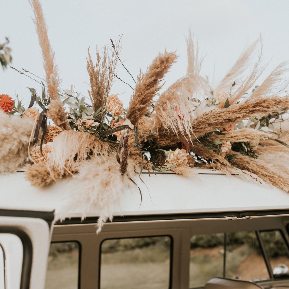 Pampas grass floral decoration on top of Camper Van 