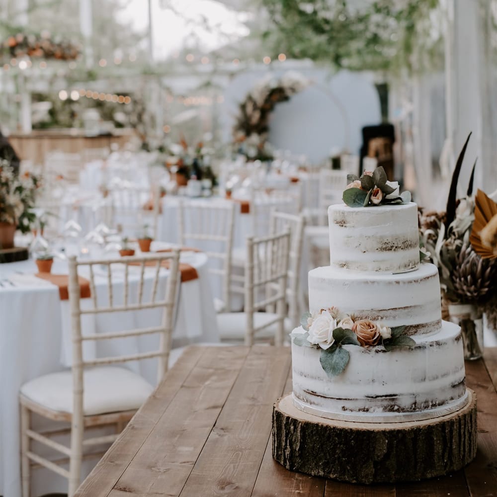 White three tier semi naked wedding cake on tree slice cake stand with foliage decor on wooden table for marquee wedding reception in Bedfordshie