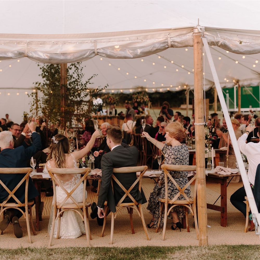 Bride and groom toast with guests at marquee wedding at White Pond Farm