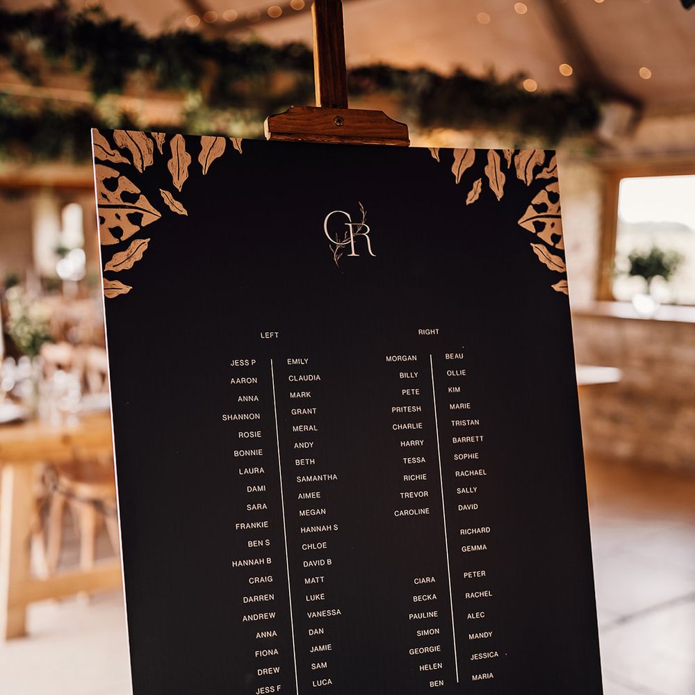 Green and gold simple and minimal leaf design wedding table plan 