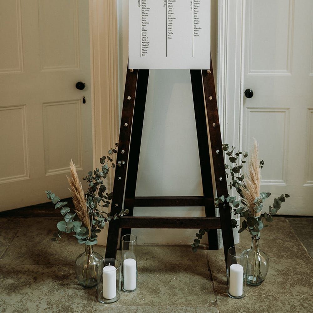 Black and white minimal wedding seating chart for wedding at Aswarby Rectory 