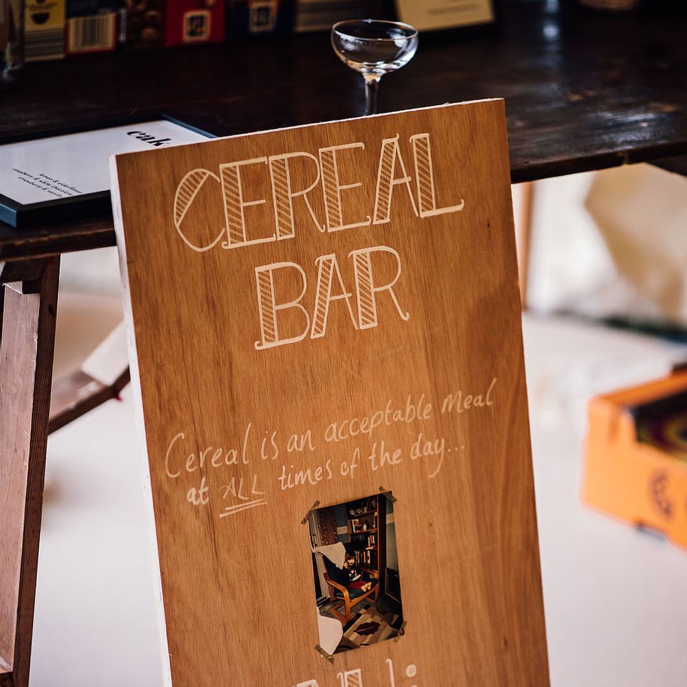 Food wedding bar with cereal bar design idea for marquee wedding reception 