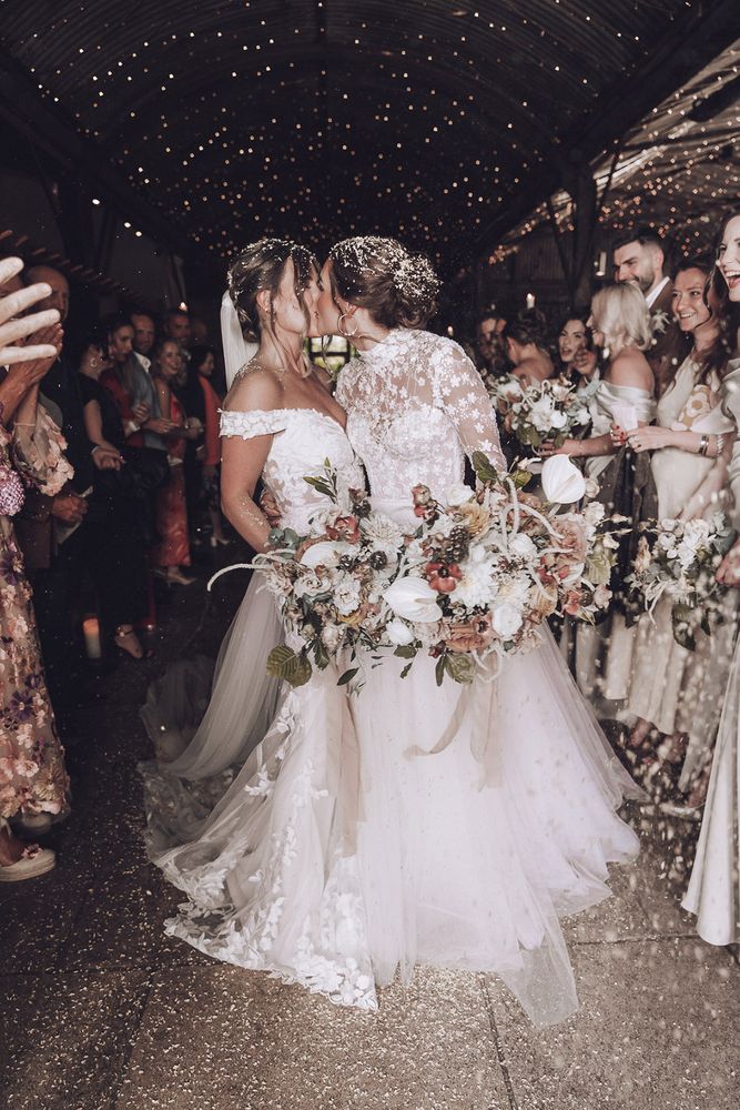 Stone Bride Flower Wedding Dresses For Dreamy Stone Barn Same-Sex Wedding
