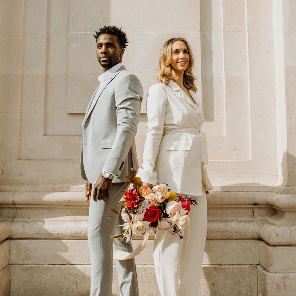 Wedding photography of stylish bride and groom at Portsmouth Guidhall city elopement