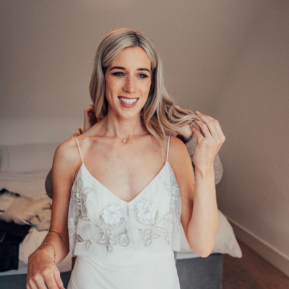 Blonde bride on the morning of her wedding 