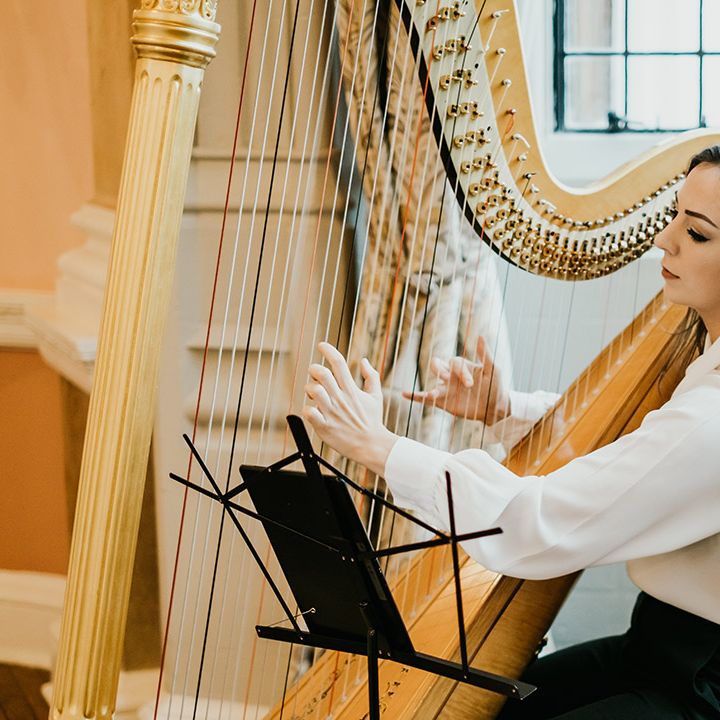 Harpist plays during winter wedding