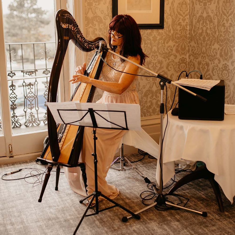 Harpist playing the harp with golden tinted background in white embellished dress