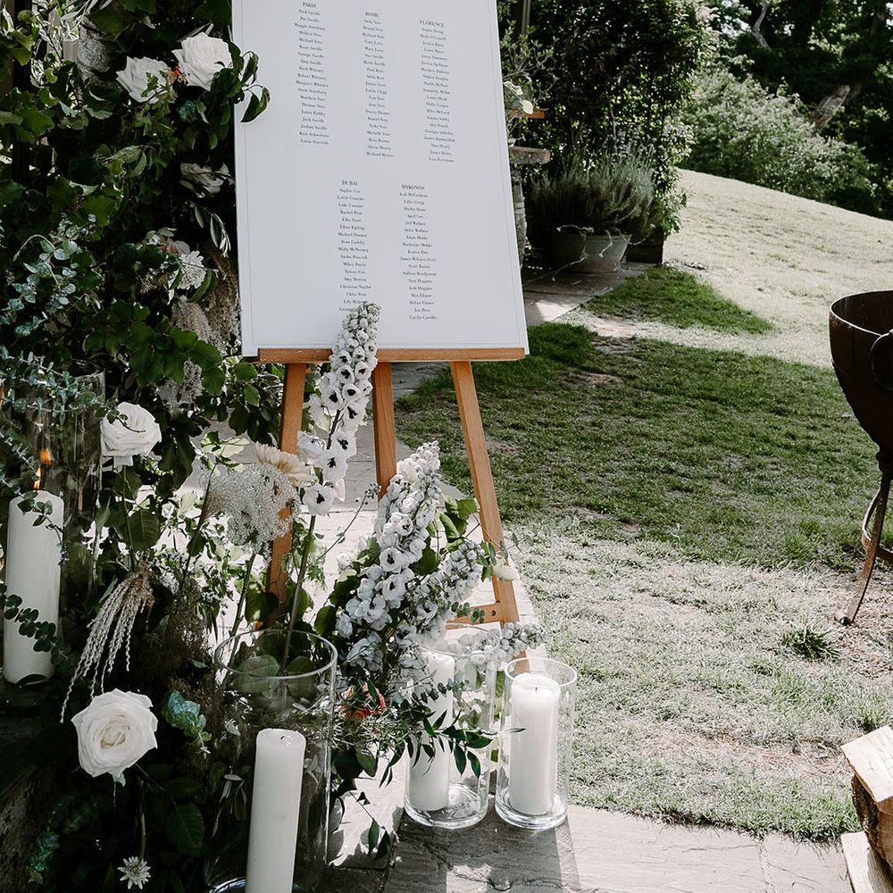 White wedding seating chart with white wedding flowers and decorations 