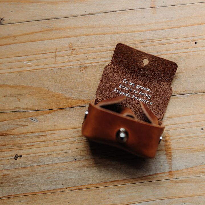 Brown leather personalised groom gift for the wedding rings 
